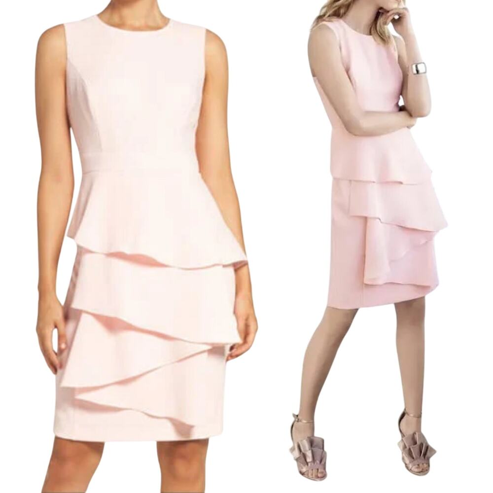 Eliza J Peplum Waist Dress Sleeveless Ruffle Tiered Front Sheath Pink Womens 14